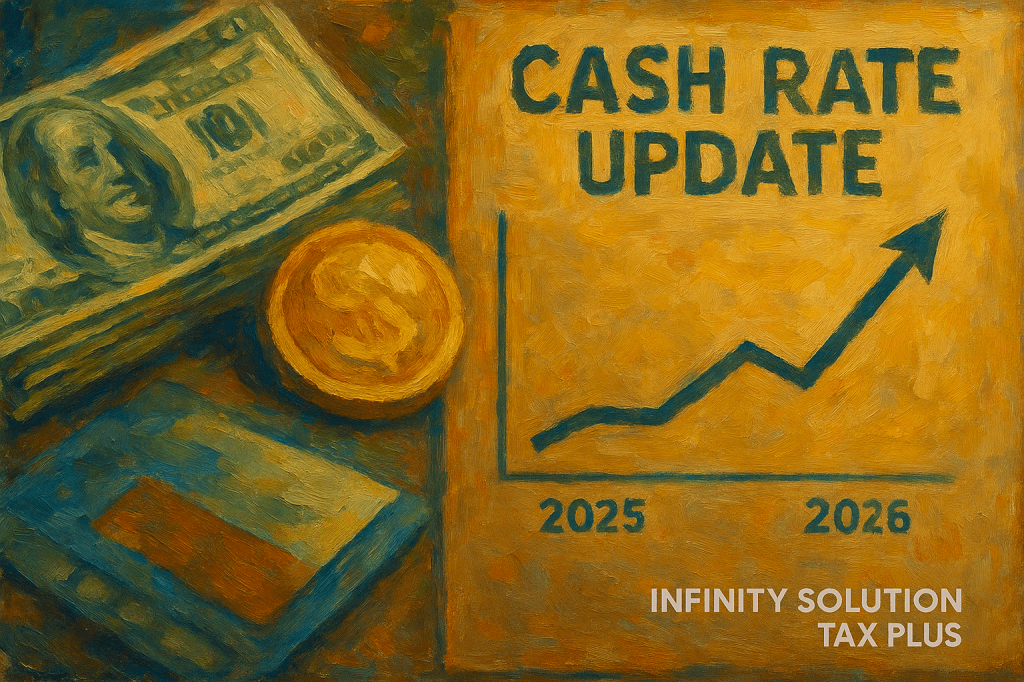 Oil painting illustrating Australia’s cash rate trends for 2025–2026, created for Infinity Solution Tax Plus - an accountant in Box Hill financial update.
