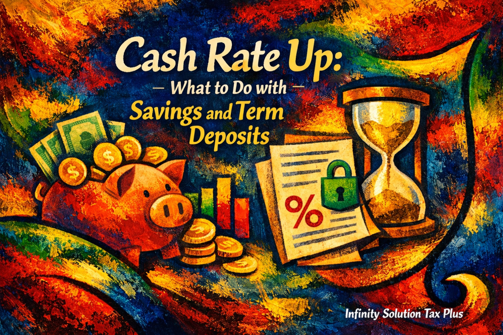 Abstract illustration of higher cash rates and savings strategies, featuring guidance from an accountant in Box Hill