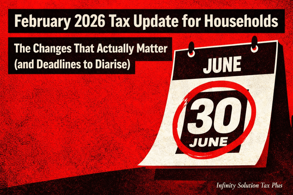 Bold calendar image highlighting 30 June tax deadline for February 2026 household tax update