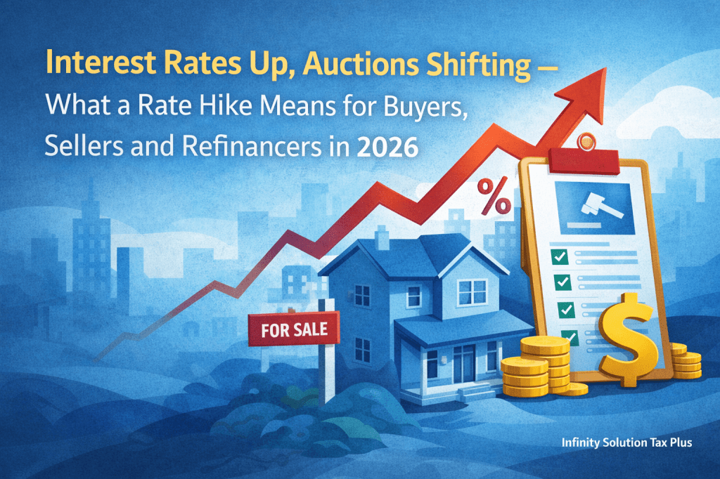 Rising interest rate arrow above house and auction sign – Accountant Box Hill Infinity Solution Tax Plus