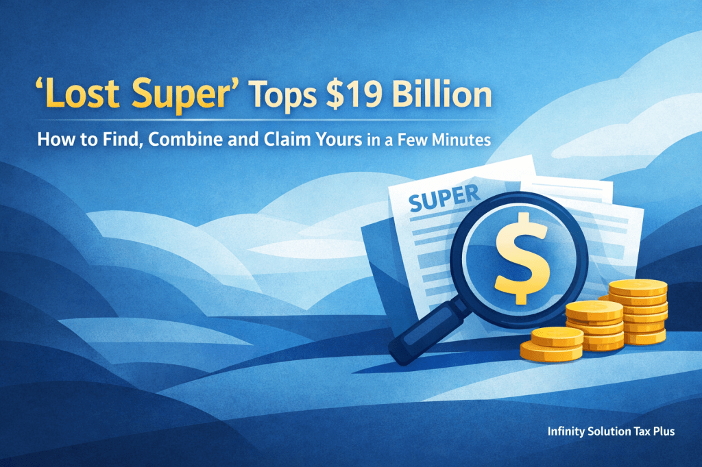 Lost super search illustration with magnifying glass and coins – Accountant Box Hill Infinity Solution Tax Plus