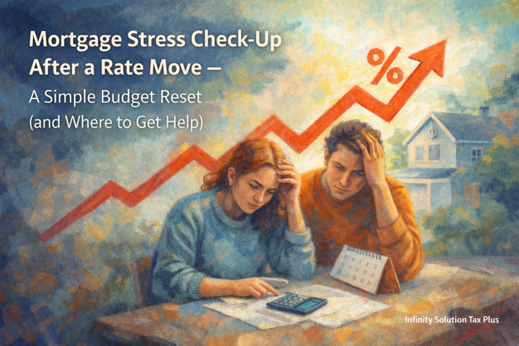 Rising interest rate arrow over stressed homeowners reviewing budget – Accountant Box Hill Infinity Solution Tax Plus