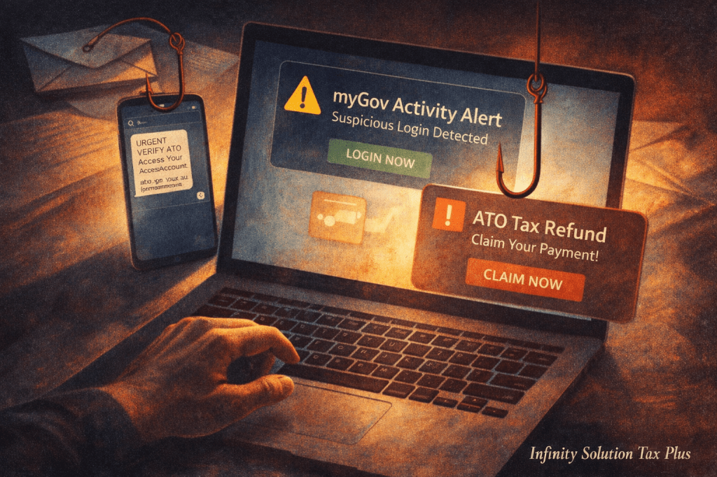 Conceptual image of myGov and ATO phishing scam alert on laptop screen with security warning