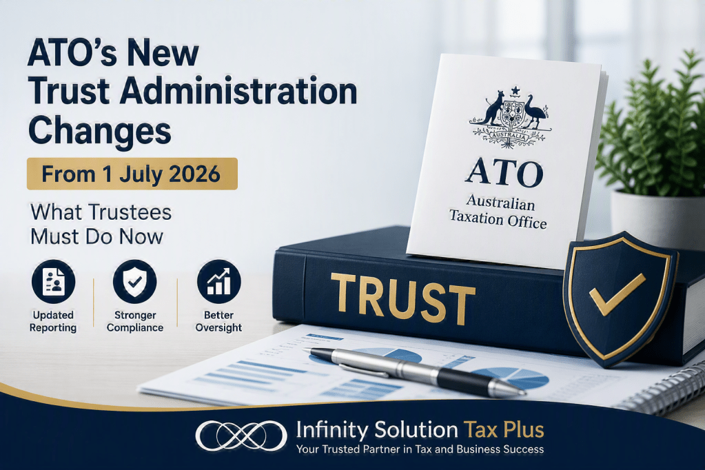 ATO trust administration changes 2026 concept with trust document and compliance shield, branded by Infinity Solution Tax Plus accountant Box Hill