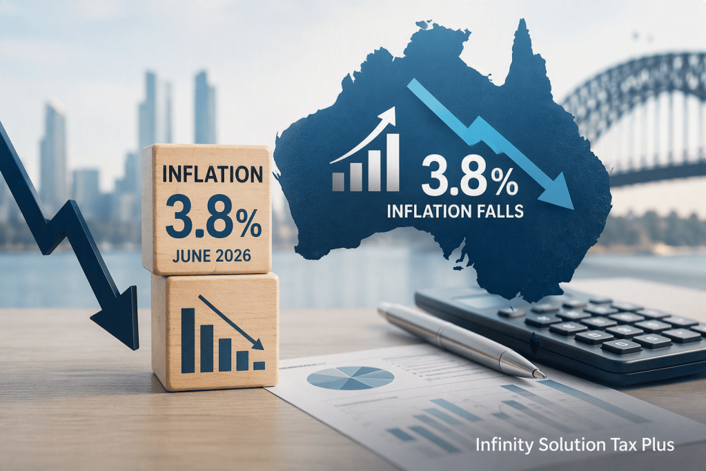 Australia inflation falls to 3.8% in June 2026, featuring economic charts, calculator and financial analysis illustrating interest rate outlook and business impacts by Infinity Solution Tax Plus, accountant Box Hill.