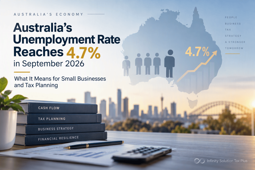 Australia unemployment rate 4.7% in September 2026 feature image showing economic trends, cash flow management, small business tax planning and financial resilience. Expert accounting and taxation advice from Infinity Solution Tax Plus, trusted Accountant Box Hill.